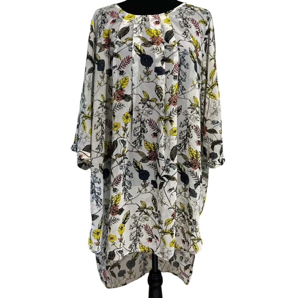 Junarose Floral botantical Chiffon Tunic Top Sz 18 High Low Zipper Flowy
